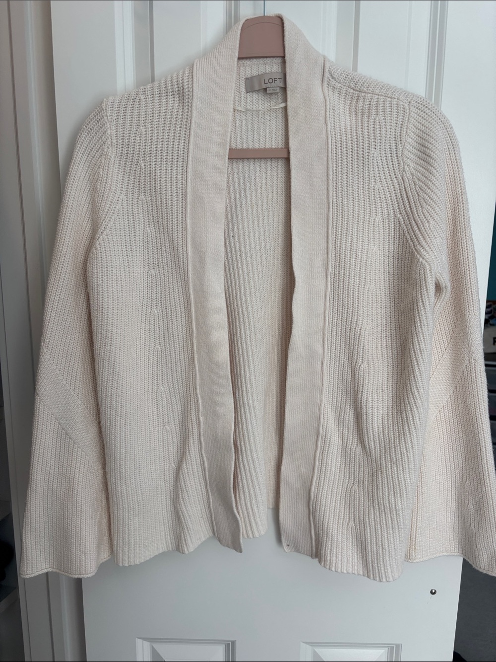 LOFT Cream Open-Front Ribbed Knit Cardigan